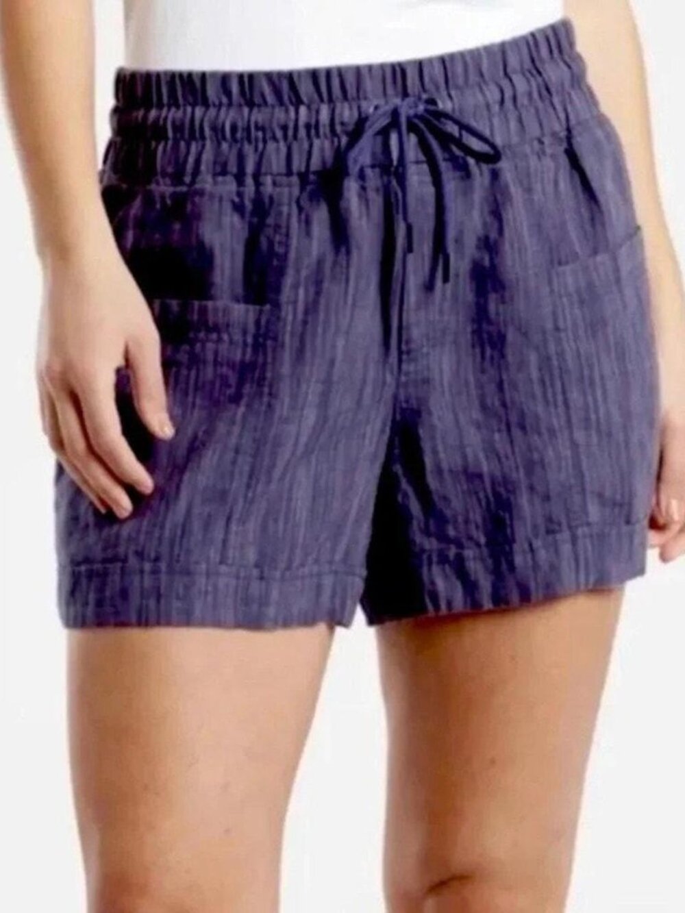 Athleta Cabo Linen Textured 4” Drawstring Shorts Blue Size 6